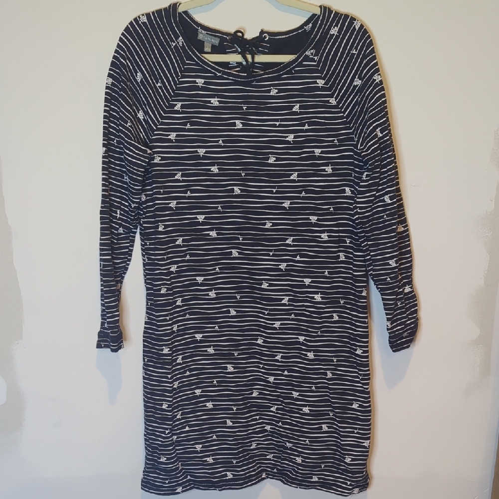 T BY TALBOTS NAVY BLUE LONGSLEEVE DRESS WITH WHITE STRIPES SIZE LARGE